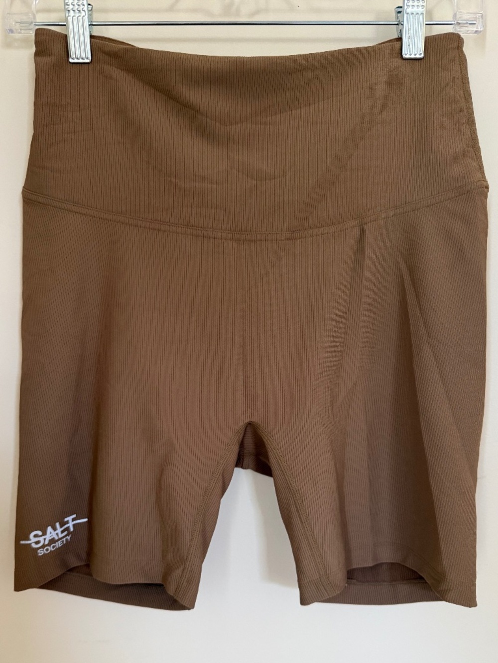 SALT Society Ribbed Biker Shorts Teddy Brown High Rise Pocket Activewear Size 10